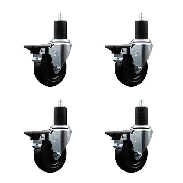 4'' Hard Rubber Swivel 1-3/4'' Expanding Stem Caster Set with Brake, 4PK
